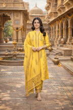 Premium Cotton Straight Kurta Set with Handblock Print & Sequin Detailed Dupatta