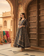 Blue Floral Sequin Anarkali Set with Dupatta