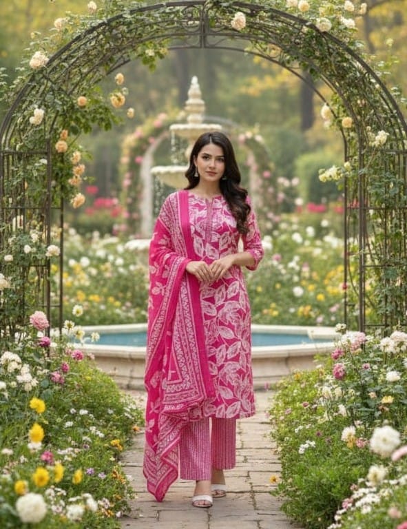 Pink Floral Cotton Kurta Set