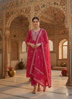 Pink Embroidered Floral Cotton Kurta Set with Dupatta