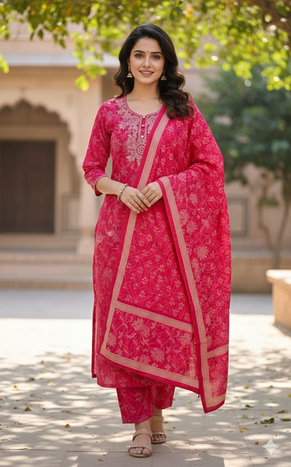 Pink Embroidered Floral Cotton Kurta Set with Dupatta