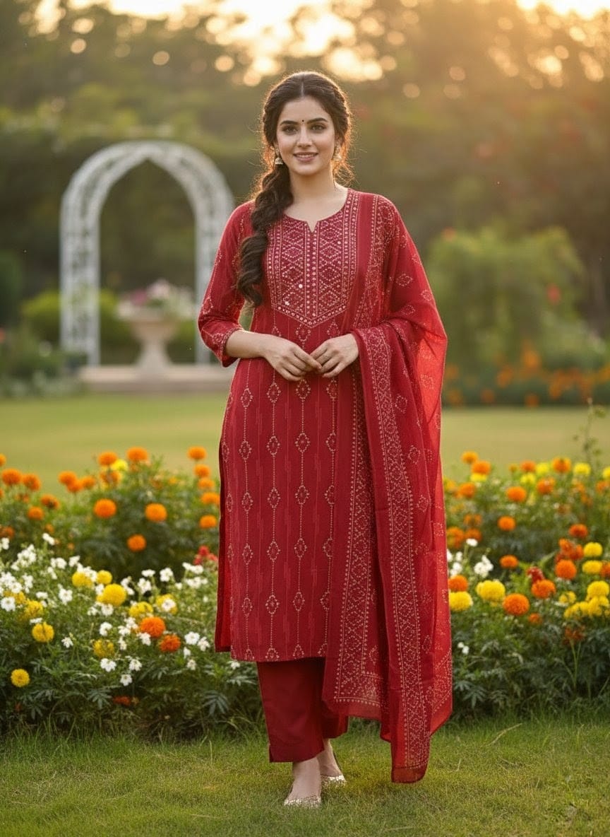 Red Pittan Work Cotton Kurta Set with Dupatta