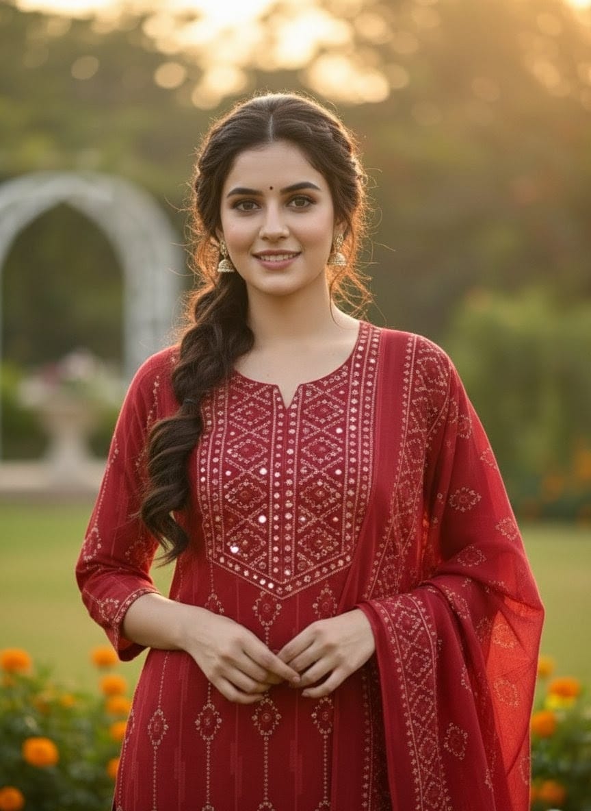 Red Pittan Work Cotton Kurta Set with Dupatta