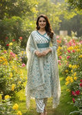 Off White Floral A-Line Kurta Set with Dupatta