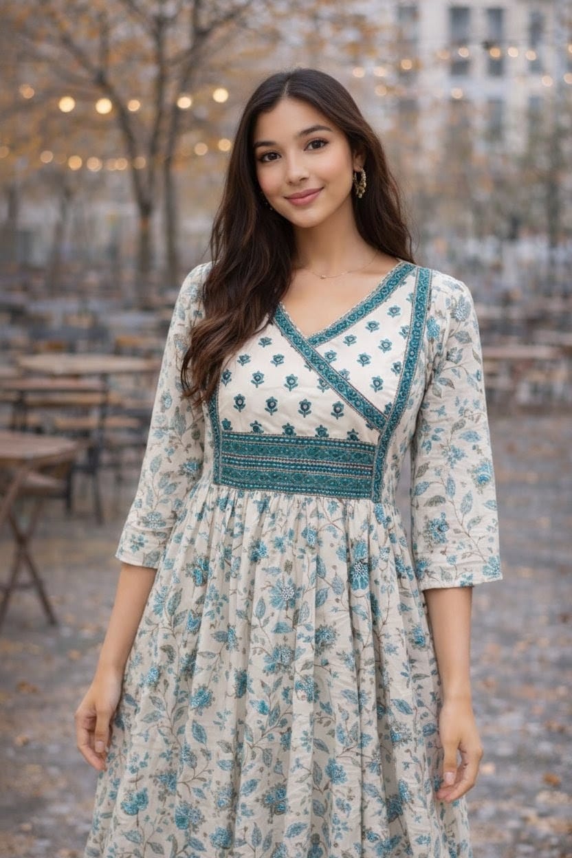 Off White Floral A-Line Kurta Set with Dupatta