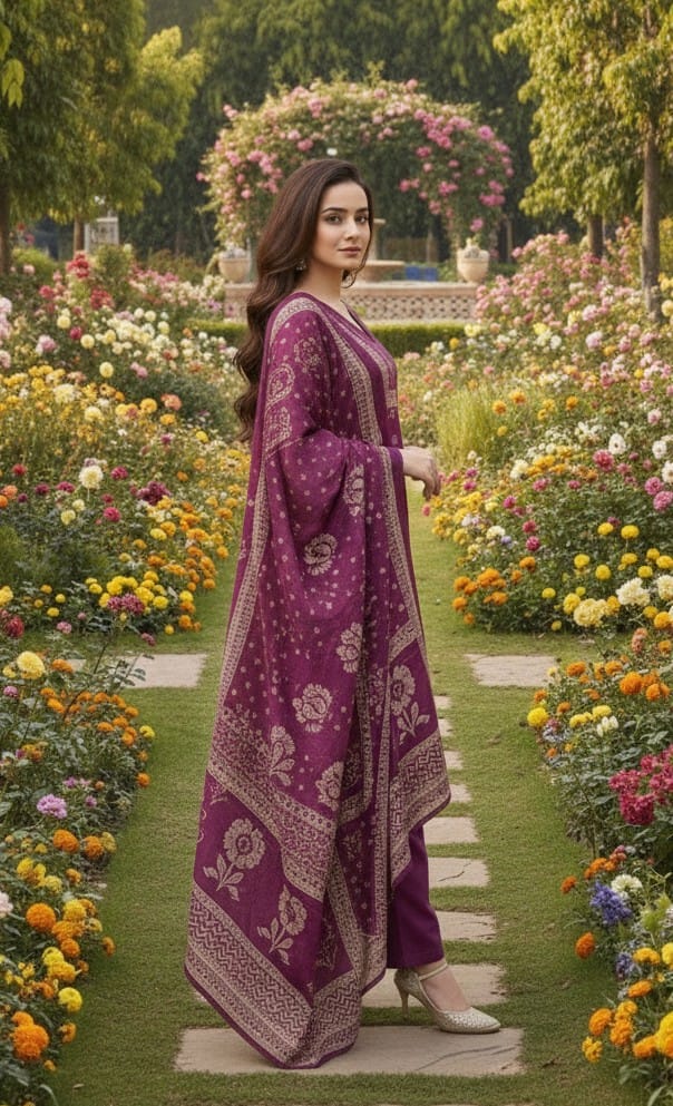 Purple Wine Straight Cotton Kurta Set with Handblock Print & Embroidered Yoke