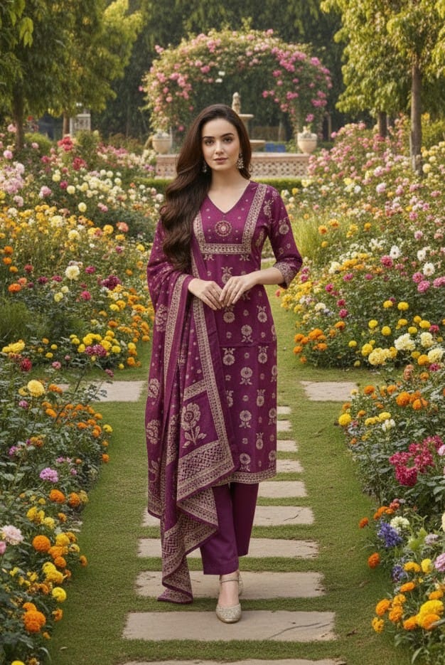 Purple Wine Straight Cotton Kurta Set with Handblock Print & Embroidered Yoke
