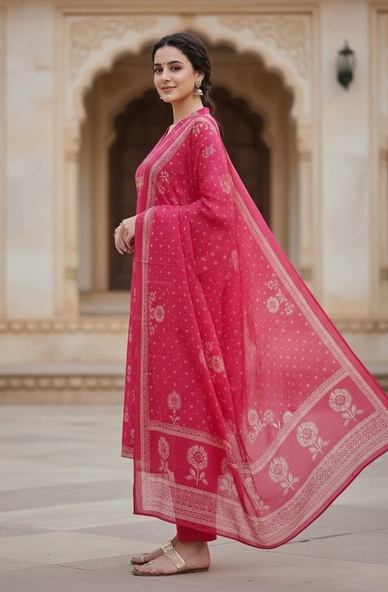 Pink Floral Handblock Cotton Kurta Set with Sequin & Kantha Handwork