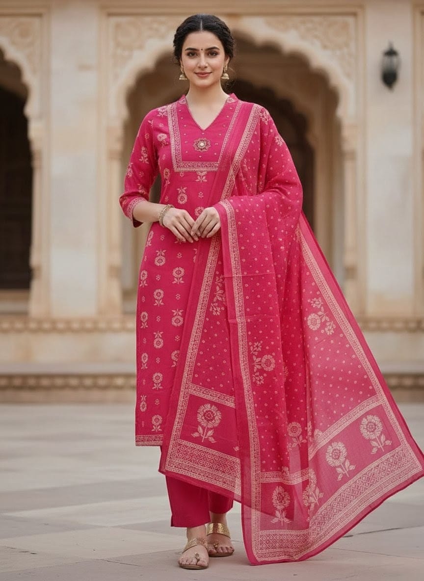 Pink Floral Handblock Cotton Kurta Set with Sequin & Kantha Handwork