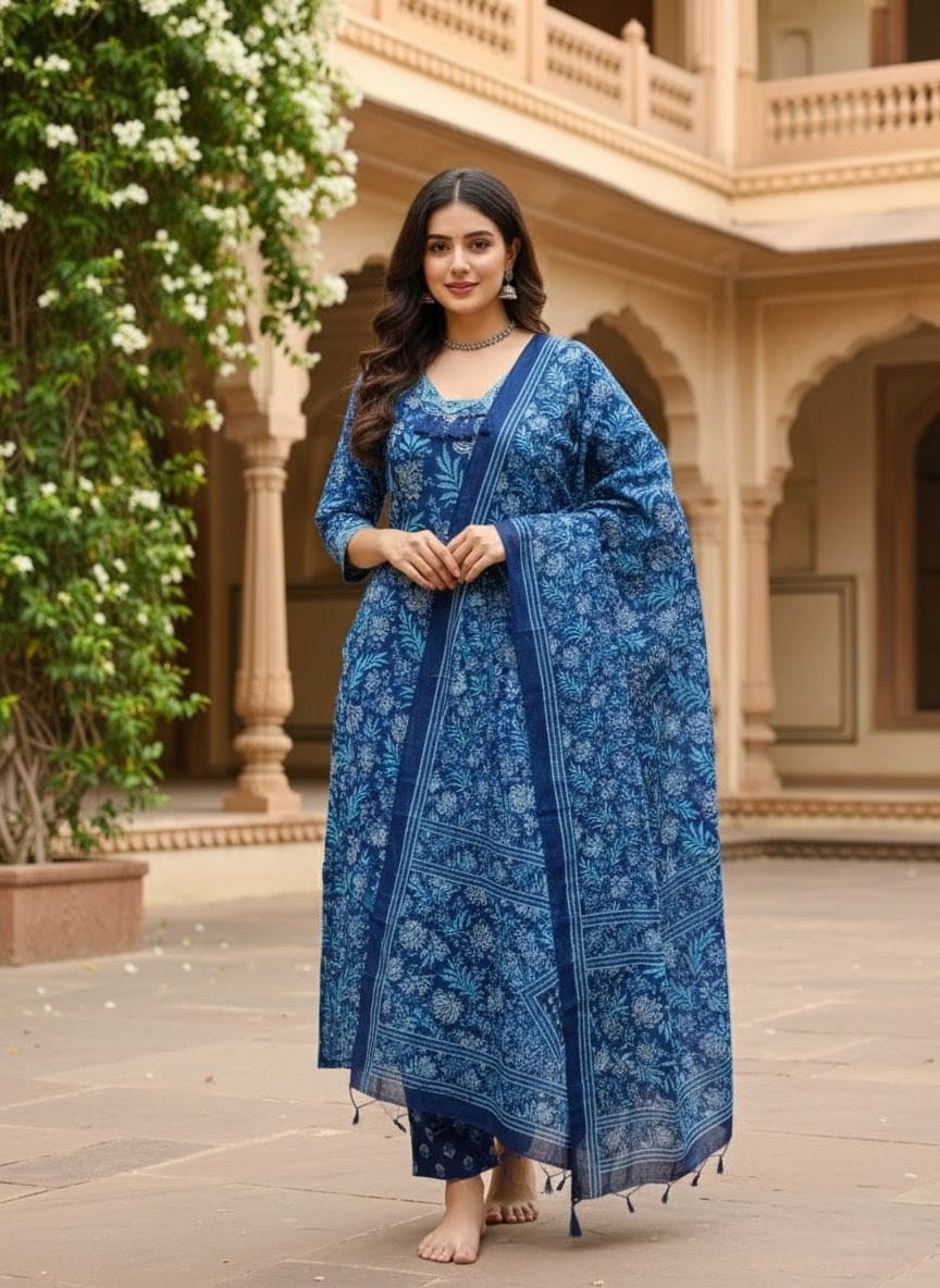Blue Tropical Floral Cotton Kurta Set with Sequin Embroidery & Tassel Detailing