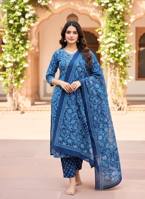 Blue Tropical Floral Cotton Kurta Set with Sequin Embroidery & Tassel Detailing