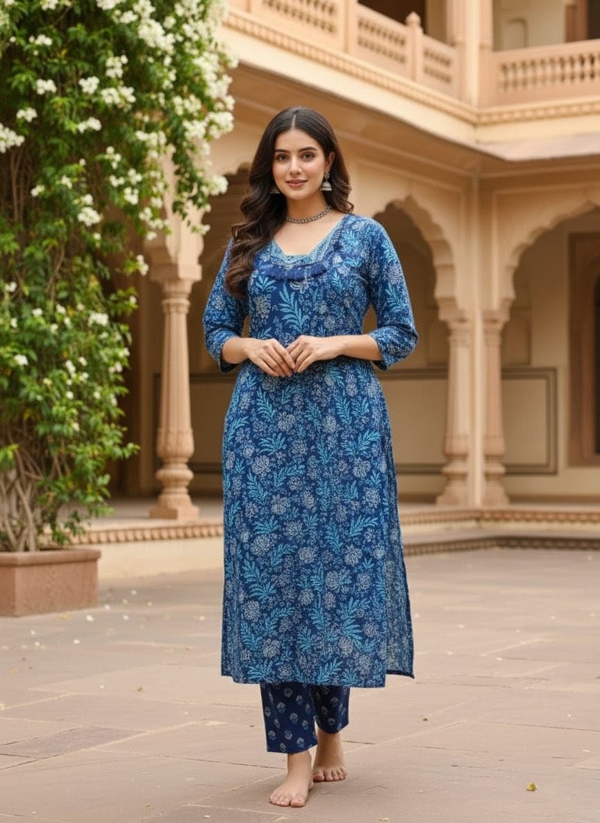 Blue Tropical Floral Cotton Kurta Set with Sequin Embroidery & Tassel Detailing