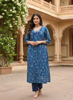 Blue Tropical Floral Cotton Kurta Set with Sequin Embroidery & Tassel Detailing