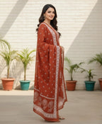 Rust Orange Floral Cotton Straight Kurta Set with Sequin & Pittan Work