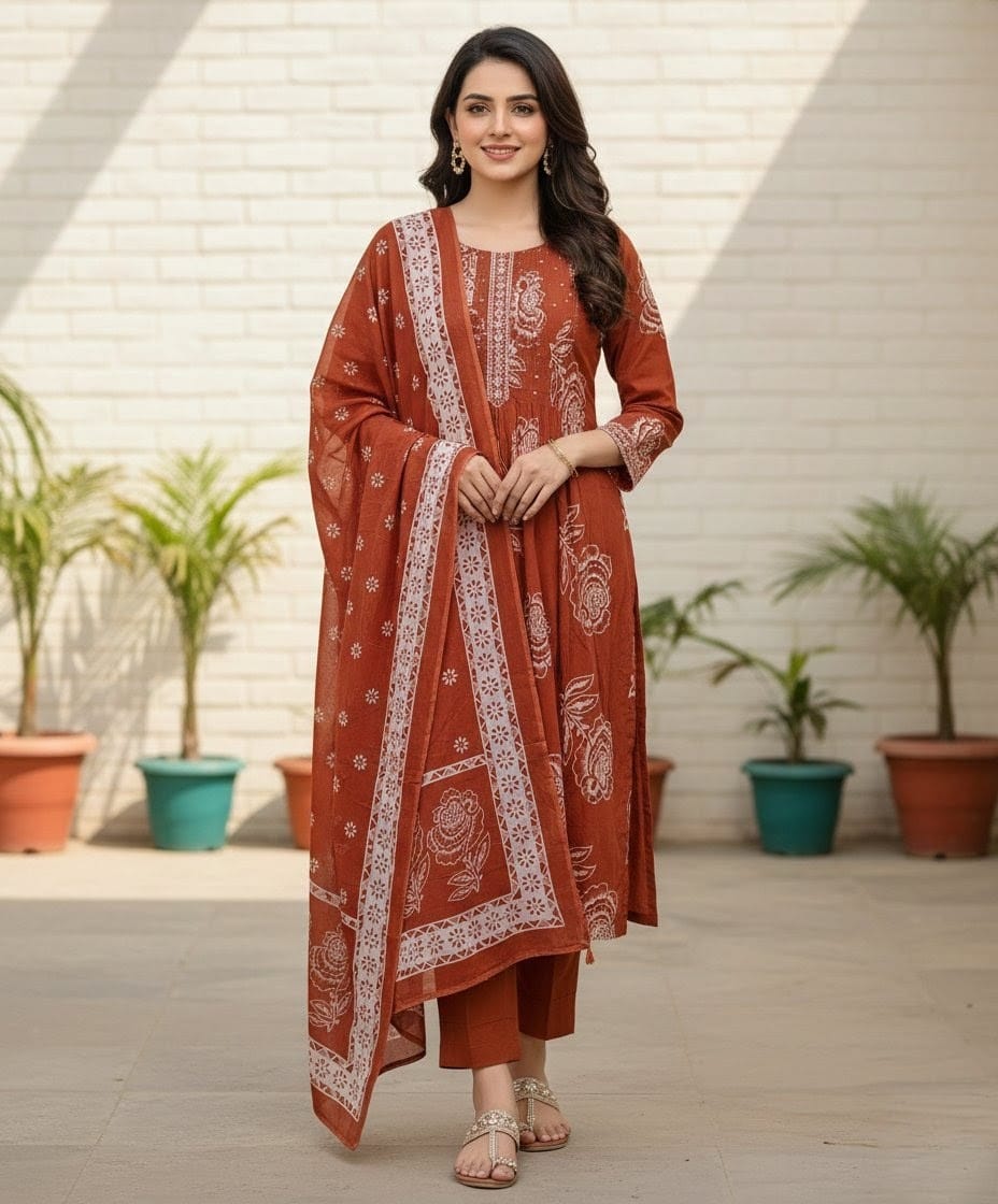 Rust Orange Floral Cotton Straight Kurta Set with Sequin & Pittan Work