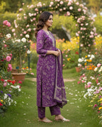 Purple Violet Floral Cotton Straight Kurta Set with Sequin Embellished Neckline