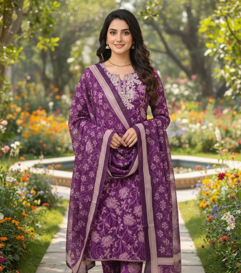 Purple Violet Floral Cotton Straight Kurta Set with Sequin Embellished Neckline