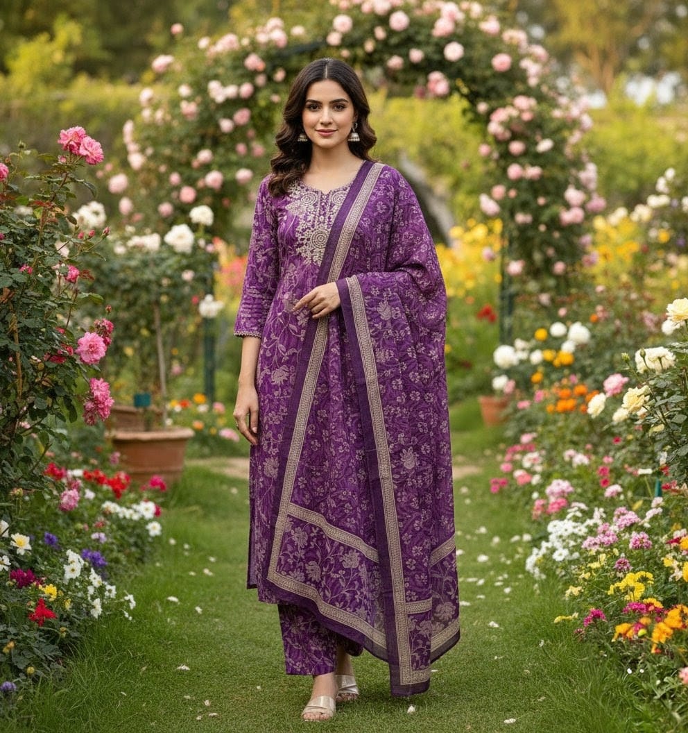 Purple Violet Floral Cotton Straight Kurta Set with Sequin Embellished Neckline