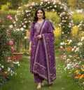 Purple Violet Floral Cotton Straight Kurta Set with Sequin Embellished Neckline