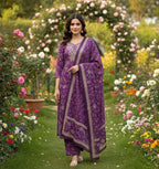 Purple Violet Floral Cotton Straight Kurta Set with Sequin Embellished Neckline