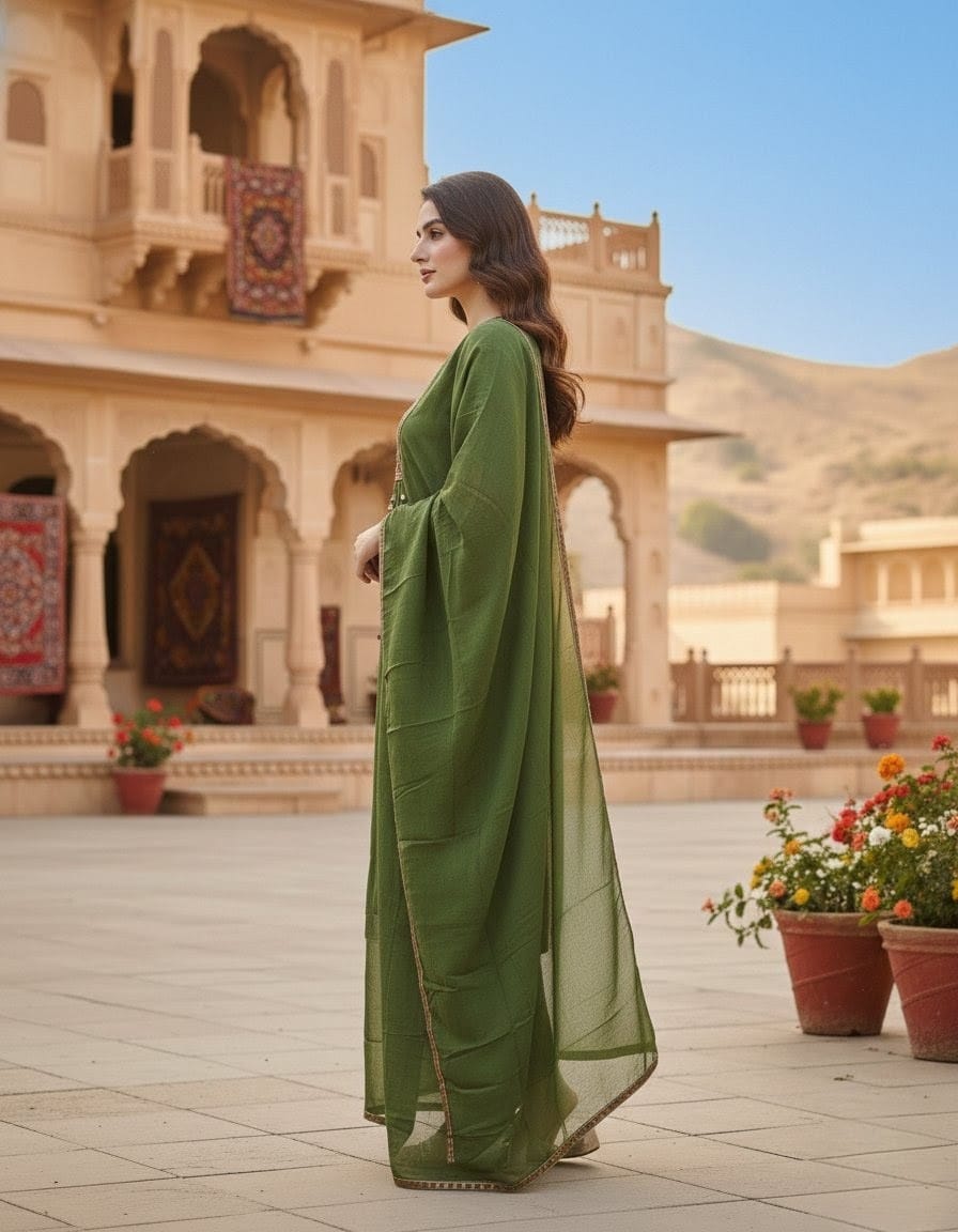 Premium Green Cotton Kurta Set with Appliqué Work & Sequin Embellished Neckline