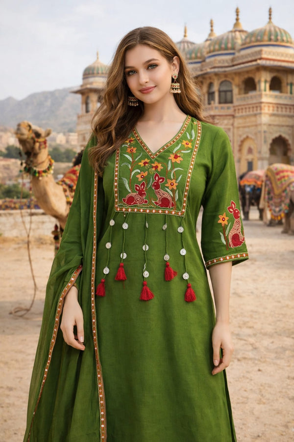 Premium Green Cotton Kurta Set with Appliqué Work & Sequin Embellished Neckline