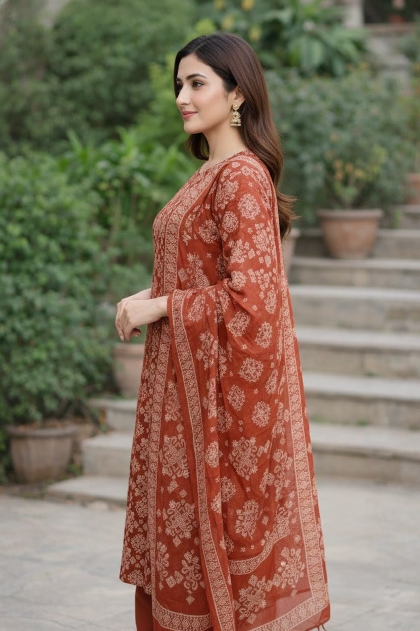 Premium Cotton Rust Straight Kurta Set with Dupatta