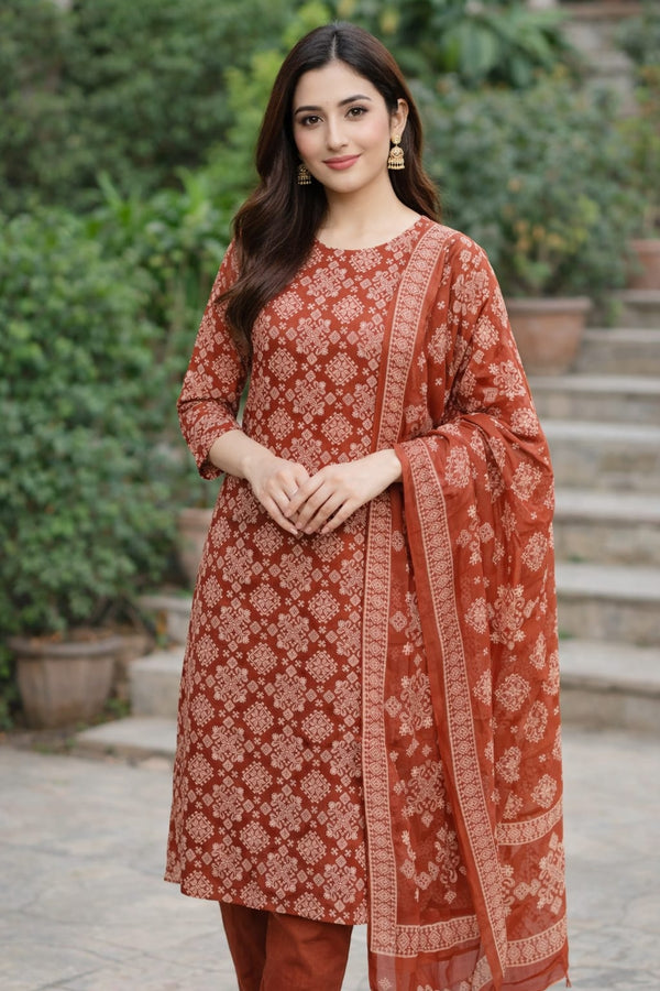 Premium Cotton Rust Straight Kurta Set with Dupatta