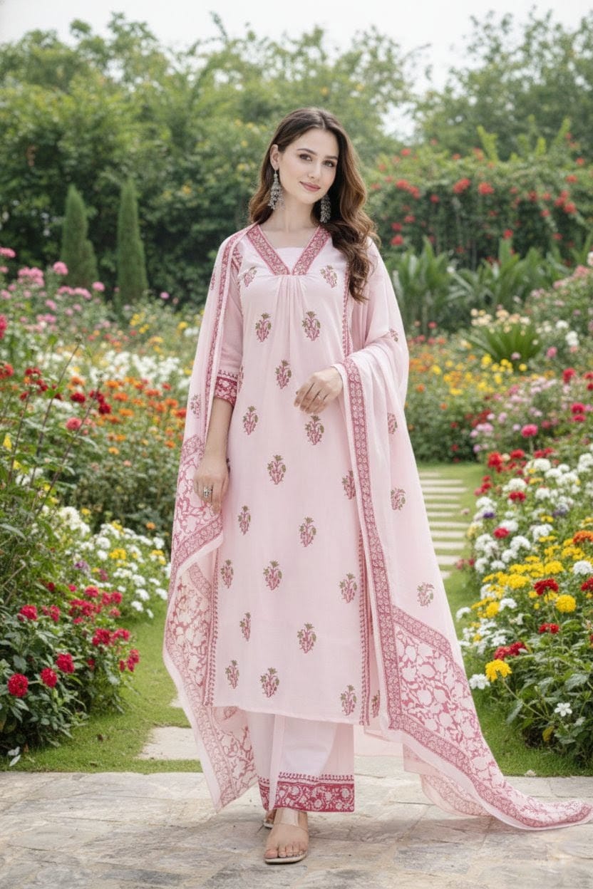 Blush Handblock Printed Cotton A-Line Kurta Set with Floral Dupatta