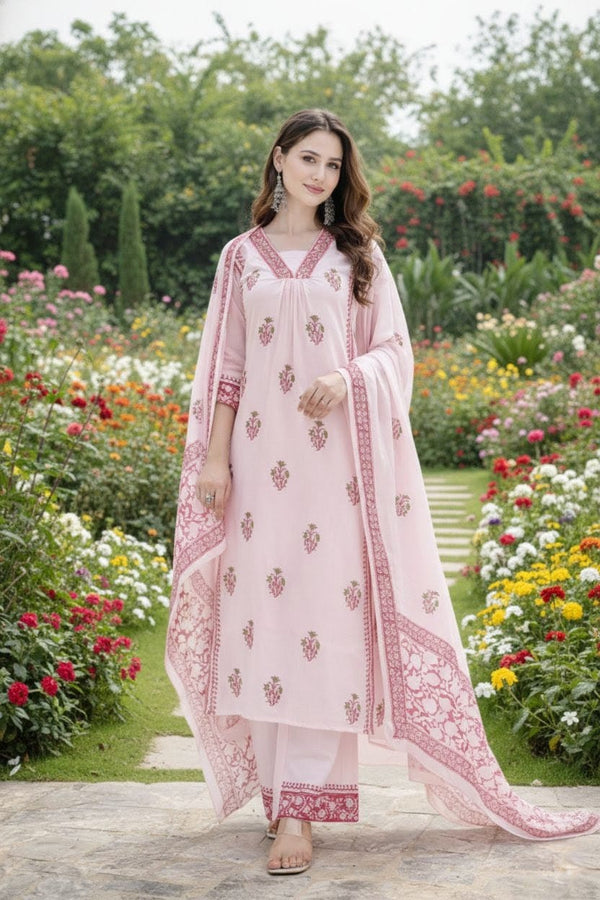 Blush Handblock Printed Cotton A-Line Kurta Set with Floral Dupatta