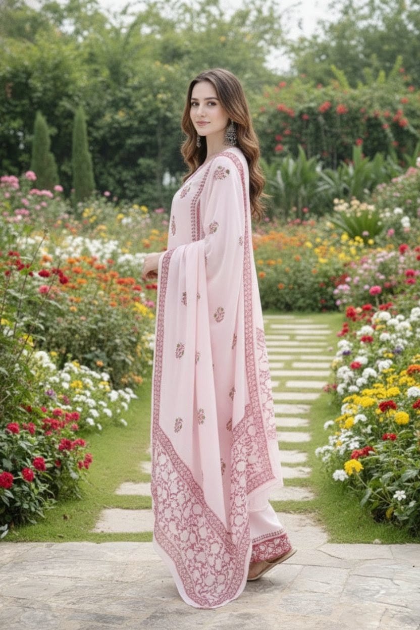 Blush Handblock Printed Cotton A-Line Kurta Set with Floral Dupatta