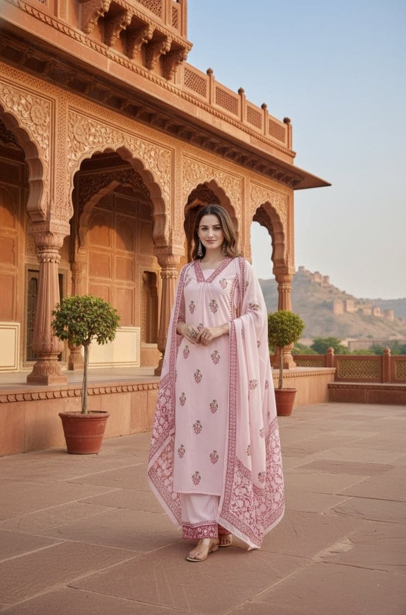 Blush Handblock Printed Cotton A-Line Kurta Set with Floral Dupatta