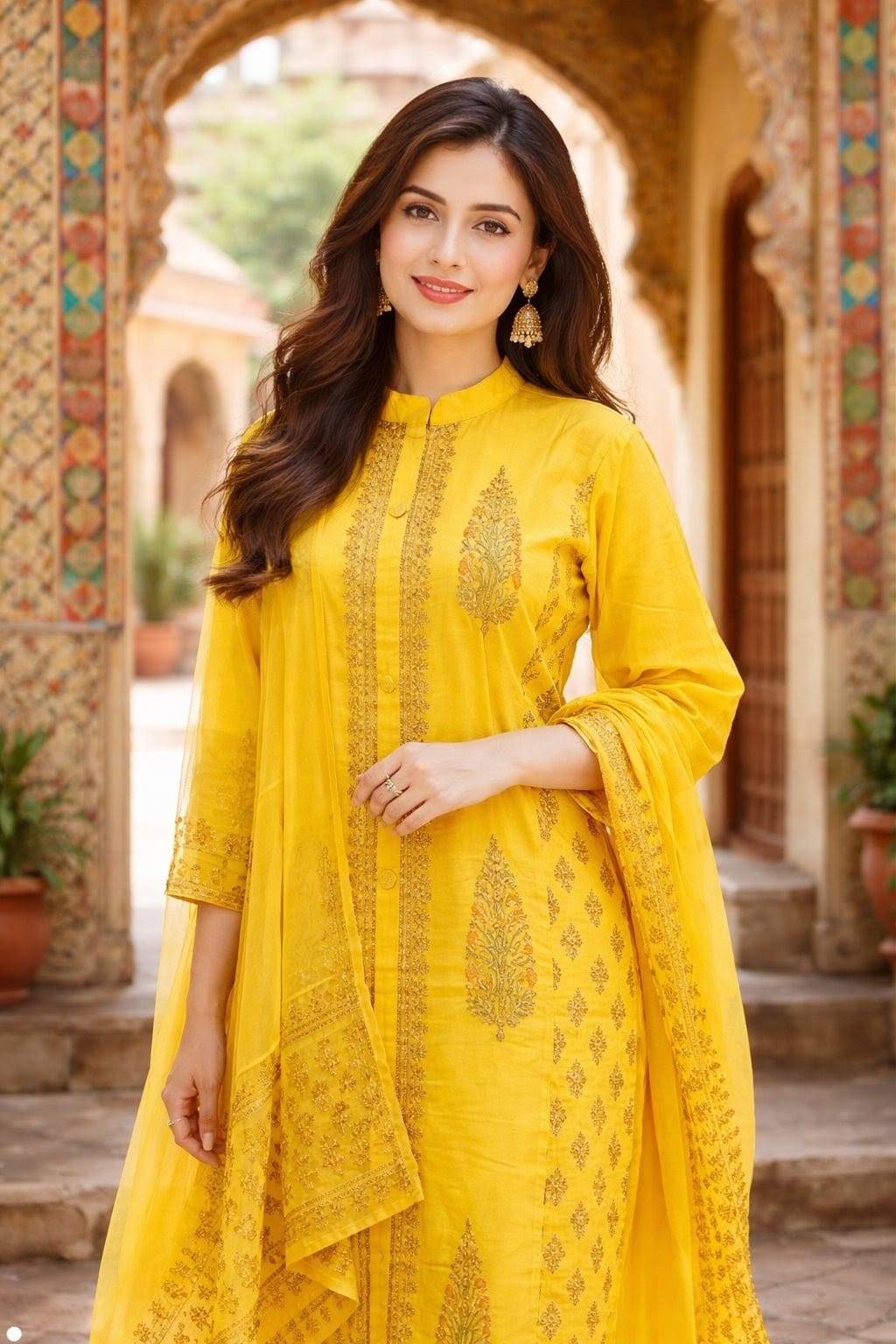 Premium Cotton Straight Kurta Set with Handblock Print & Sequin Detailed Dupatta