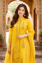 Premium Cotton Straight Kurta Set with Handblock Print & Sequin Detailed Dupatta