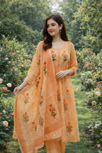 Pastel Peach Handblock Anarkali Set with Sequin & Mirror Detailing