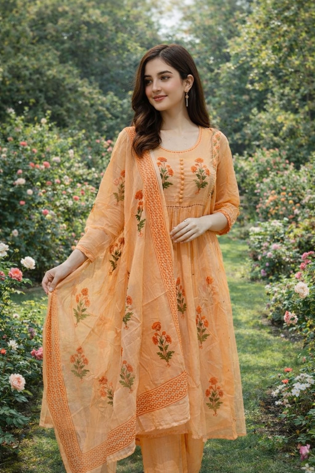 Pastel Peach Handblock Anarkali Set with Sequin & Mirror Detailing