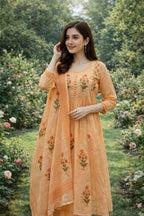 Pastel Peach Handblock Anarkali Set with Sequin & Mirror Detailing
