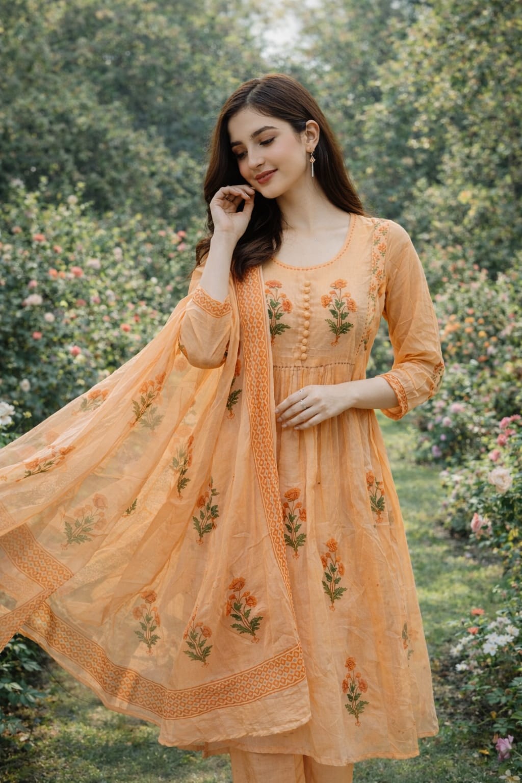 Pastel Peach Handblock Anarkali Set with Sequin & Mirror Detailing