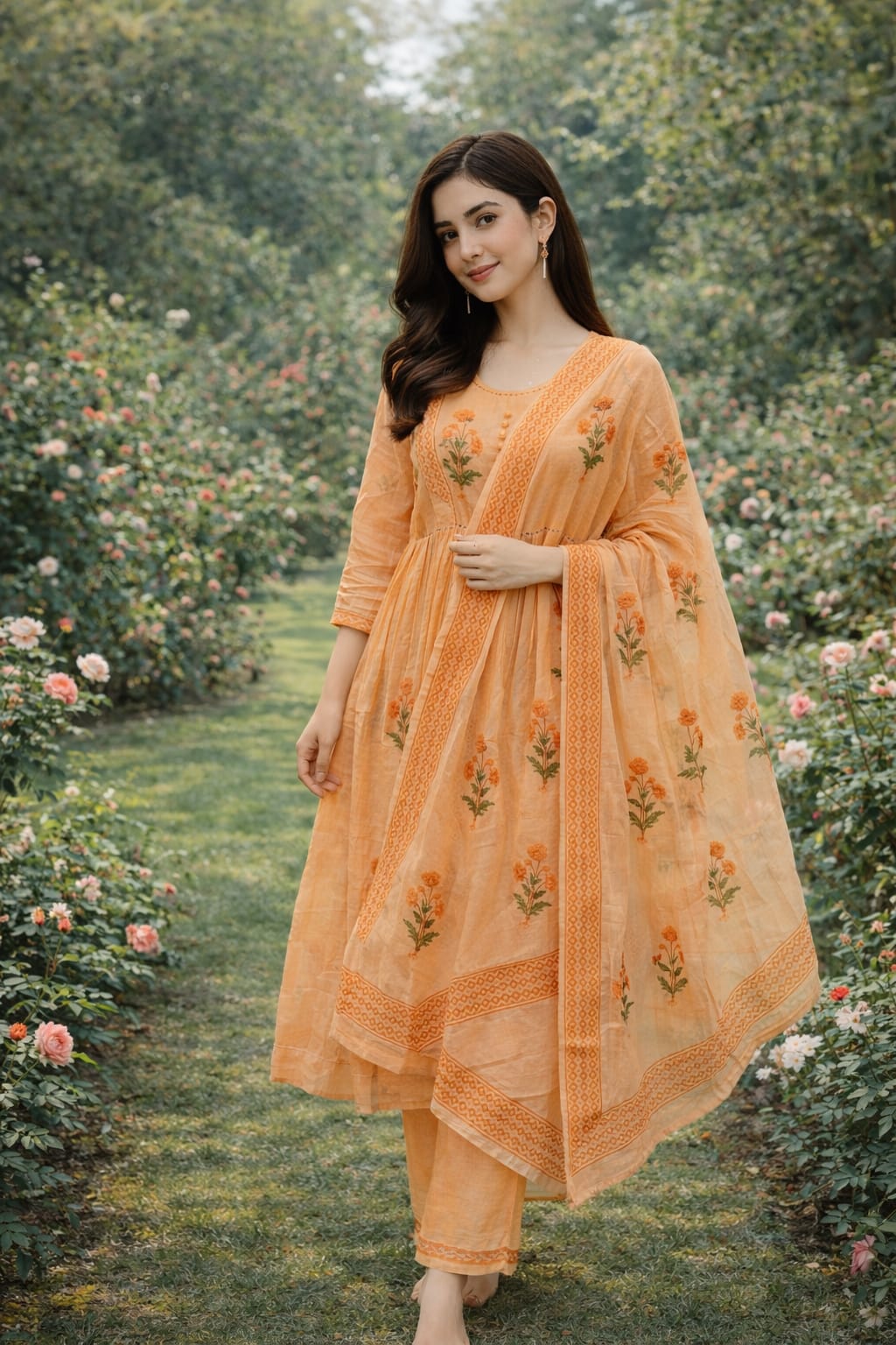 Pastel Peach Handblock Anarkali Set with Sequin & Mirror Detailing