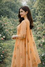 Pastel Peach Handblock Anarkali Set with Sequin & Mirror Detailing