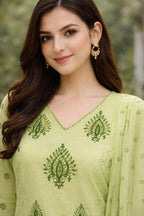 Pastel Light Green Handblock Printed 3-Pc Kurta Set