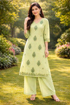 Pastel Light Green Handblock Printed 3-Pc Kurta Set
