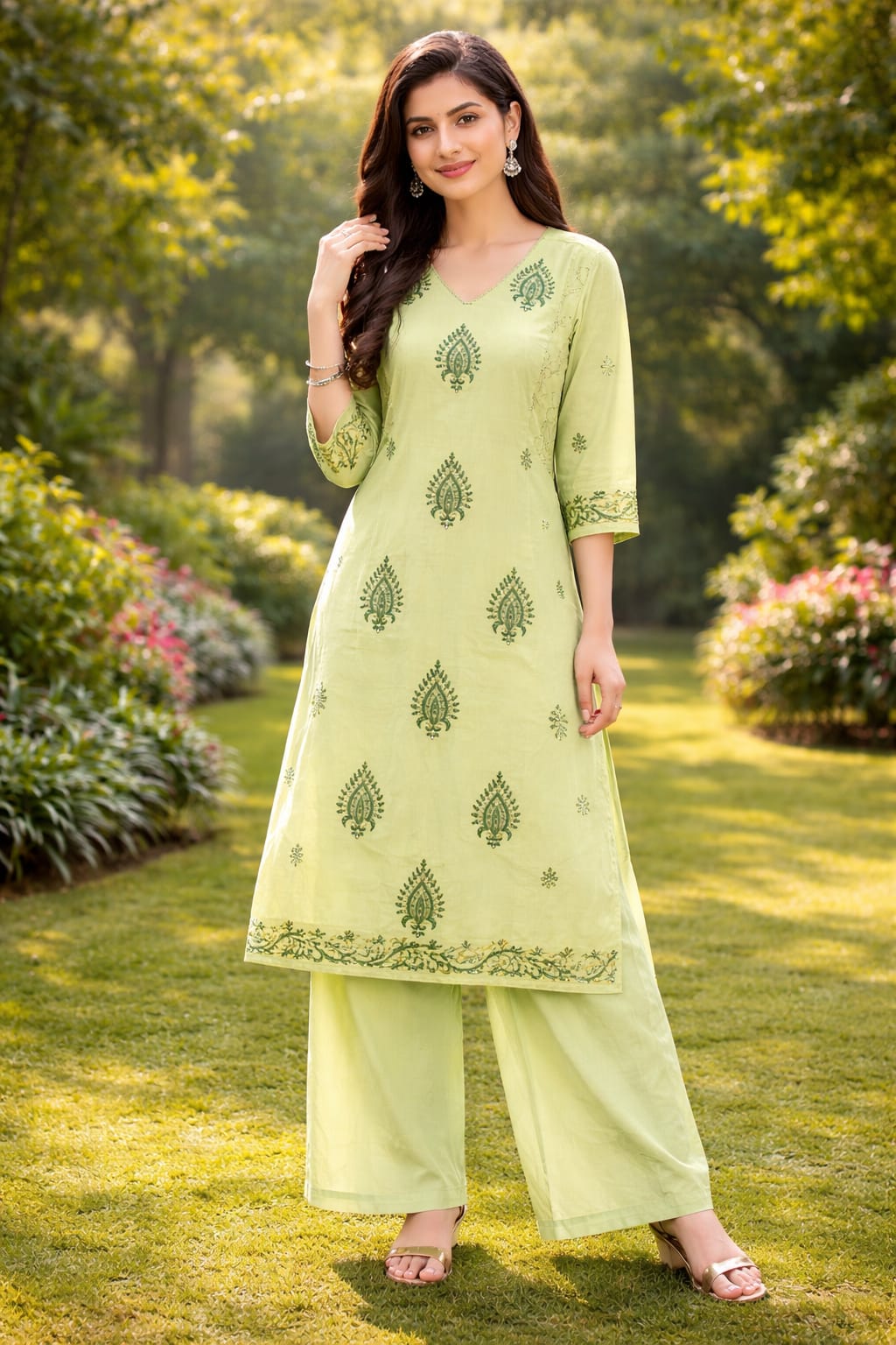 Pastel Light Green Handblock Printed 3-Pc Kurta Set