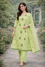 Pastel Light Green Handblock Printed 3-Pc Kurta Set