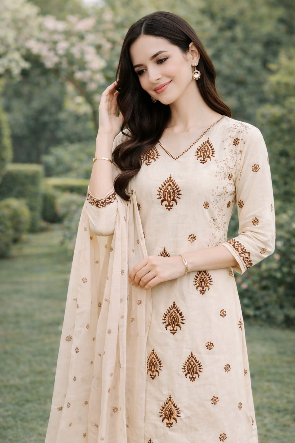 Pastel Cream Handblock Straight Kurta Set with Sequin & Kantha Work