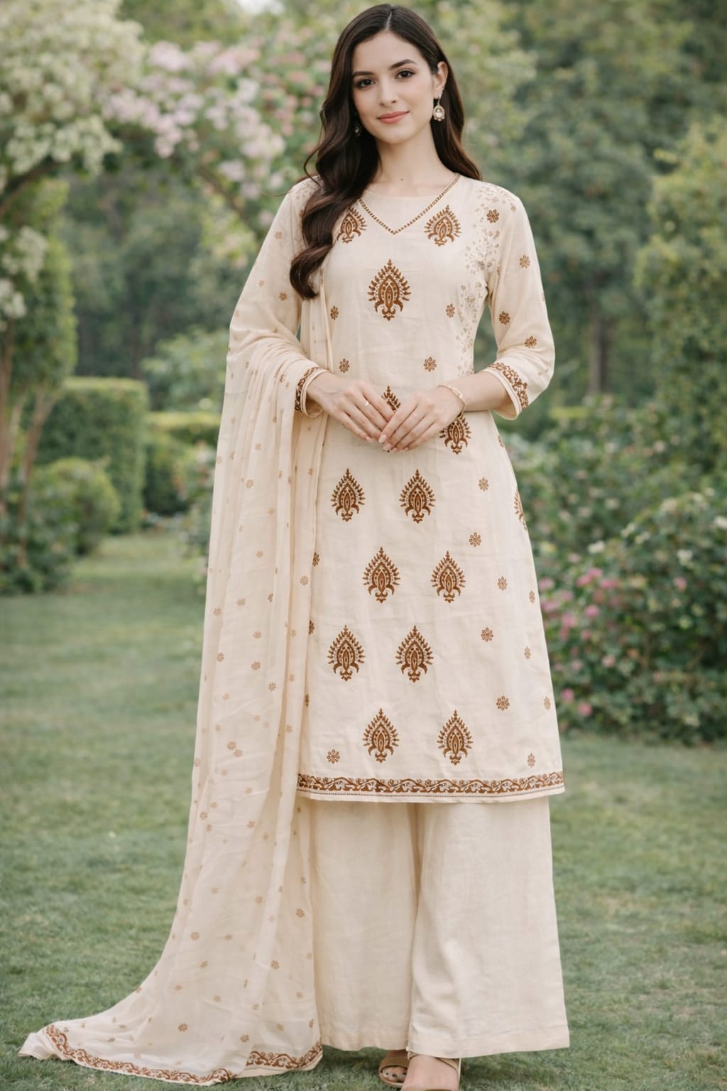 Pastel Cream Handblock Straight Kurta Set with Sequin & Kantha Work
