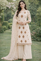 Pastel Cream Handblock Straight Kurta Set with Sequin & Kantha Work