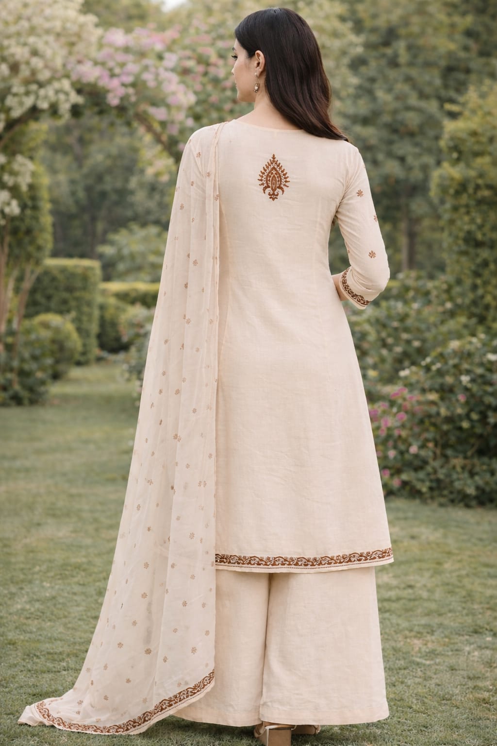 Pastel Cream Handblock Straight Kurta Set with Sequin & Kantha Work