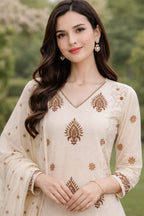 Pastel Cream Handblock Straight Kurta Set with Sequin & Kantha Work