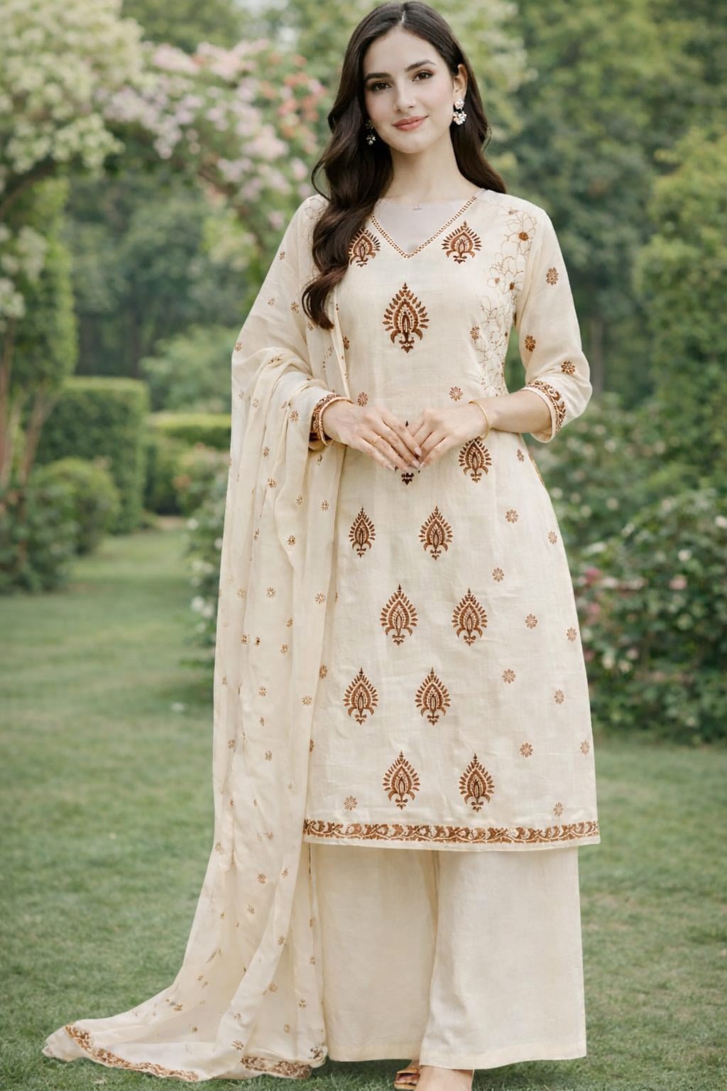 Pastel Cream Handblock Straight Kurta Set with Sequin & Kantha Work